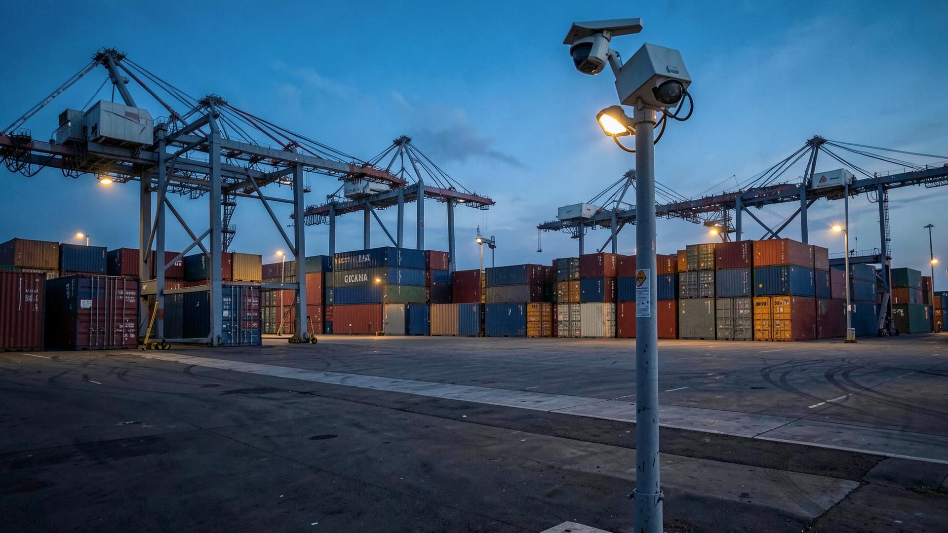 Container port terminal at dusk
